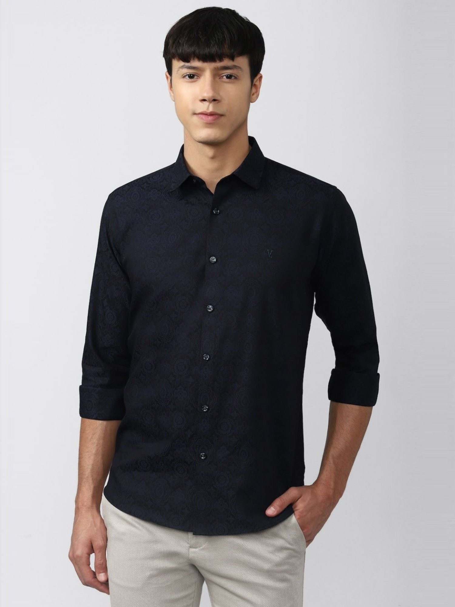 V Dot Navy Blue Cotton Slim Fit Printed Shirt