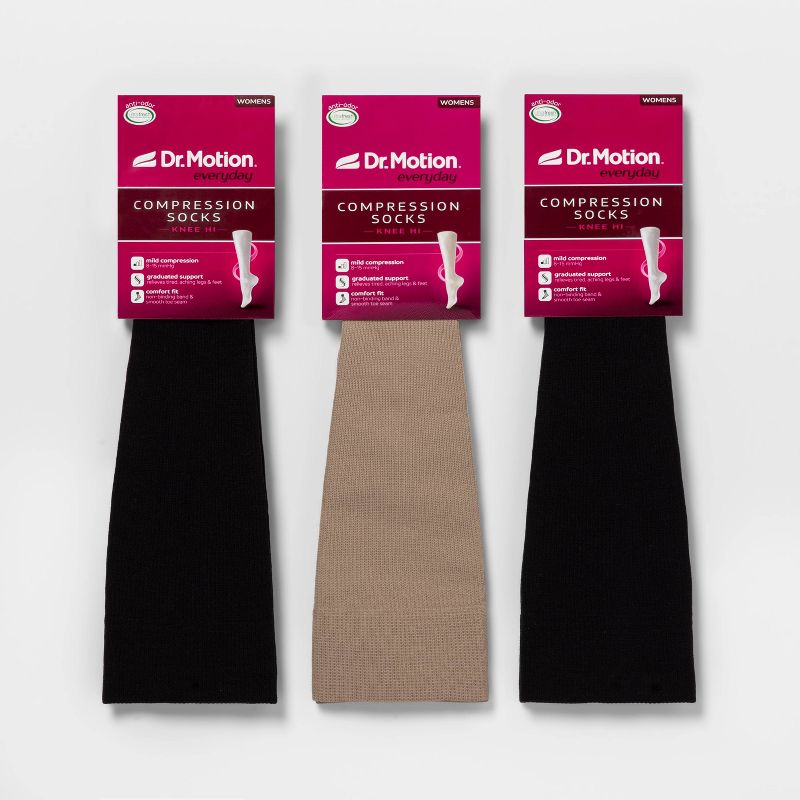 Dr. Motion Women's Mild Compression 3pk Knee High Socks - Black/Beige