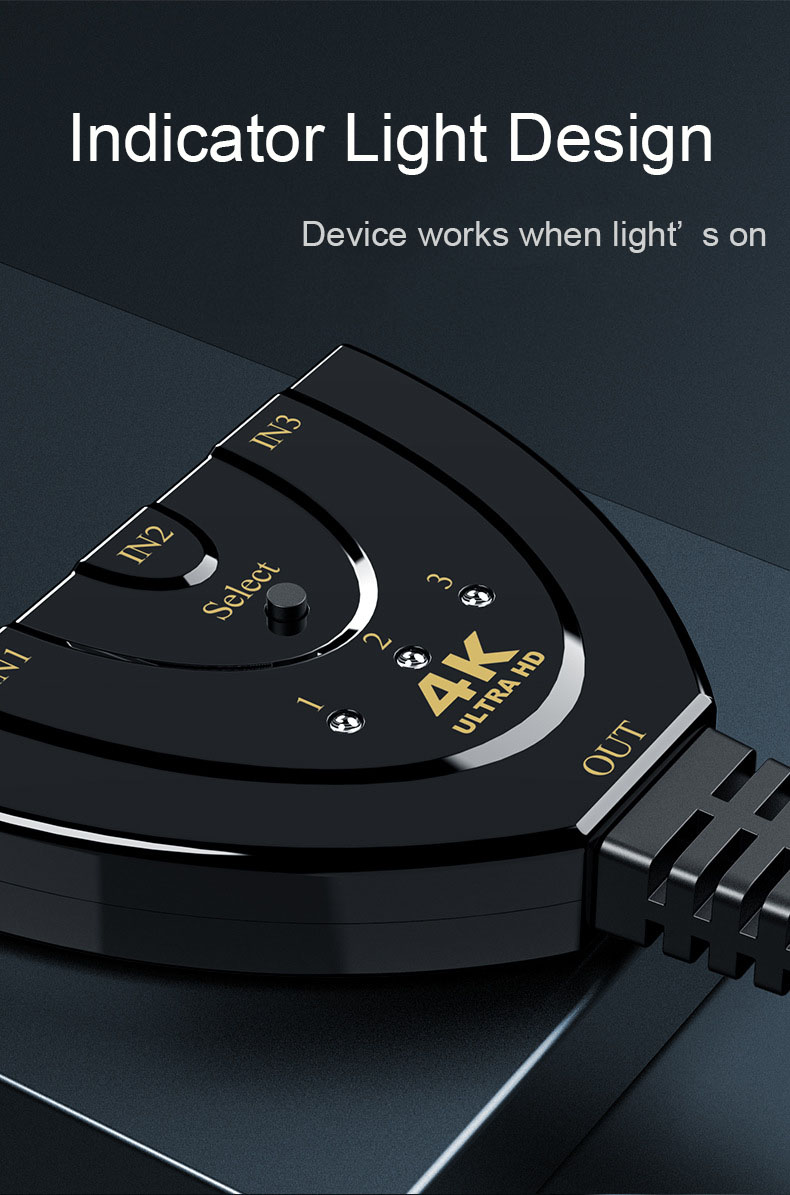 HDMI Switch, Aigrous 4K HDMI Splitter 3 in 1 Out,3 Port HDMI Switch 3x1 Switch Splitter with Pigtail Cable Supports Full HD 4K 1080P 3D Player