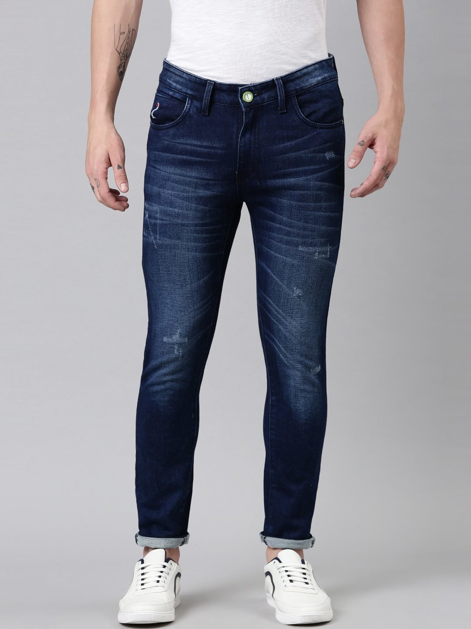 CINOCCI Blue Cotton Slim Fit Distressed Jeans