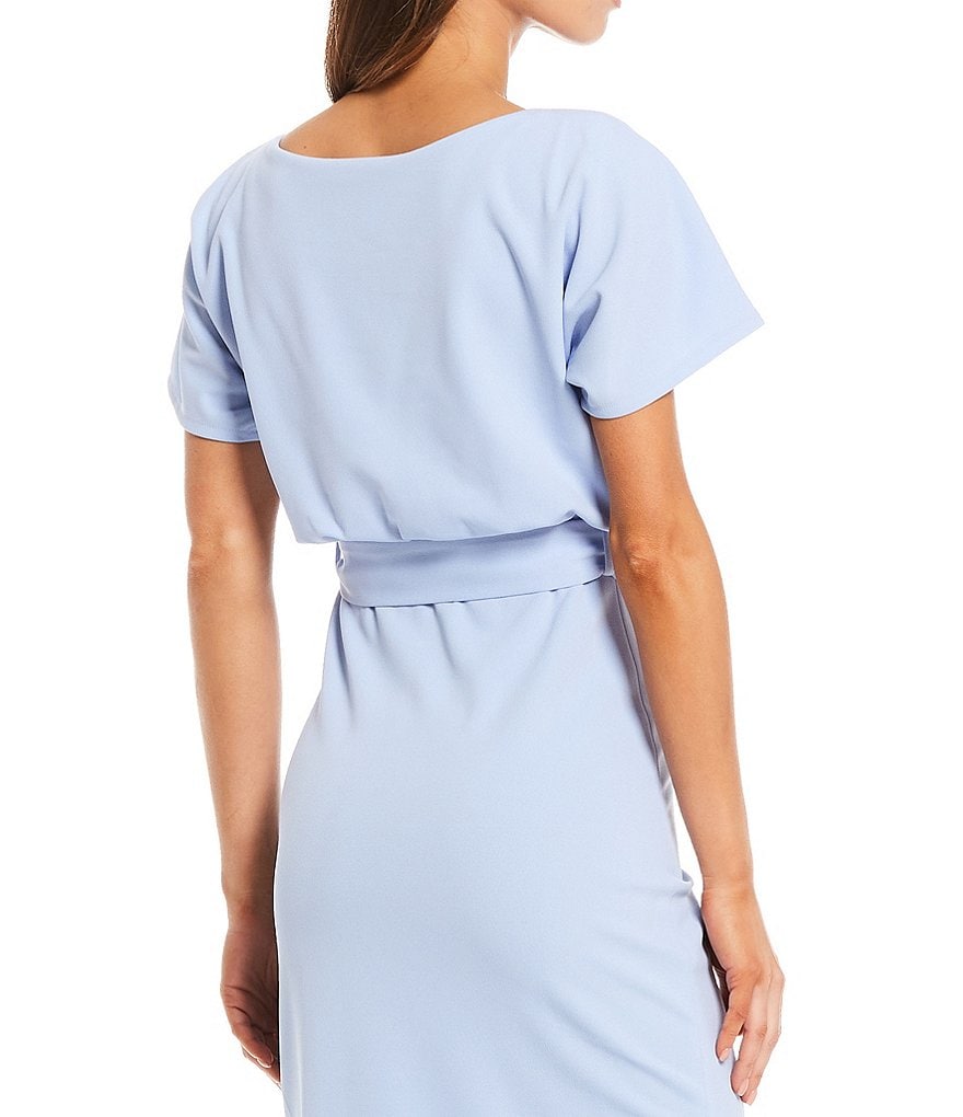Kensie Textured Knit Boat Neck Tie Waist Short Sleeve Blouson Dress