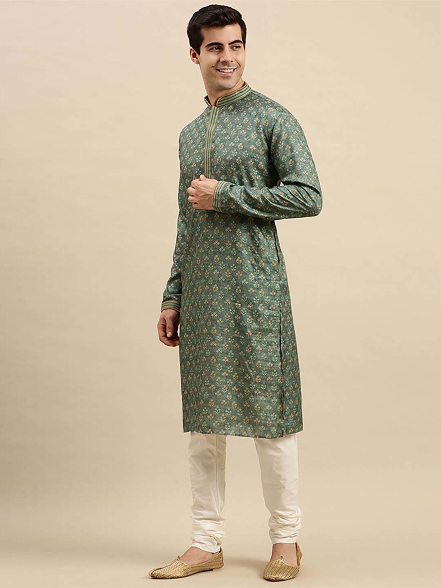Sanwara Green & White  Regular Fit Self Pattern Kurta Bottom Sets