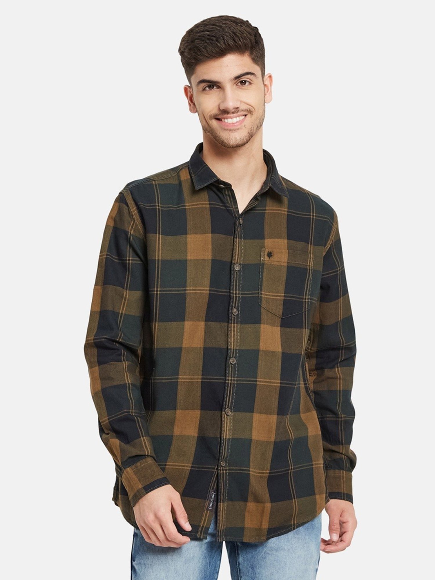 METTLE Espresso Cotton Regular Fit Checks Shirt
