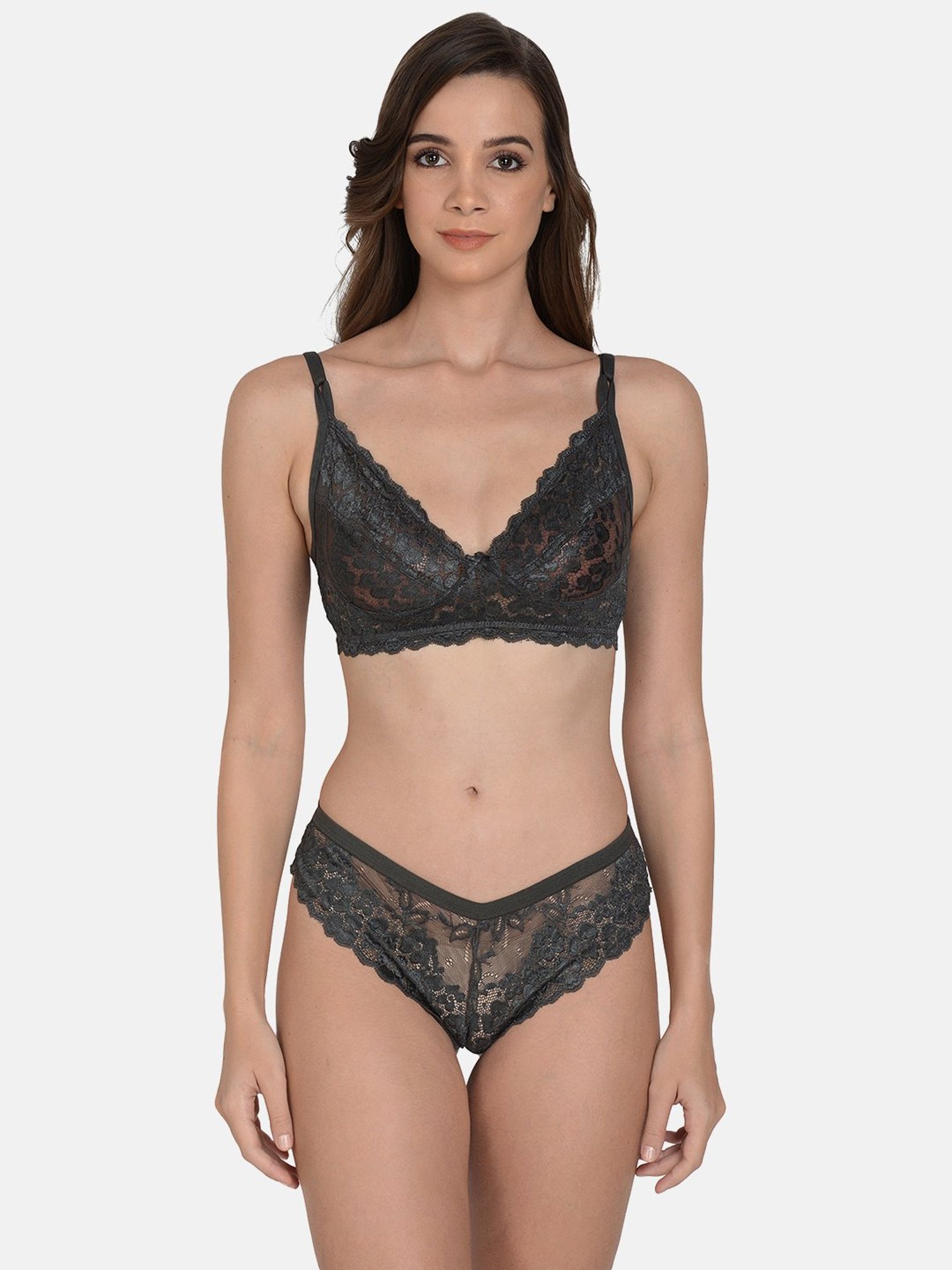 mod & shy Grey Self Pattern Lingerie Set