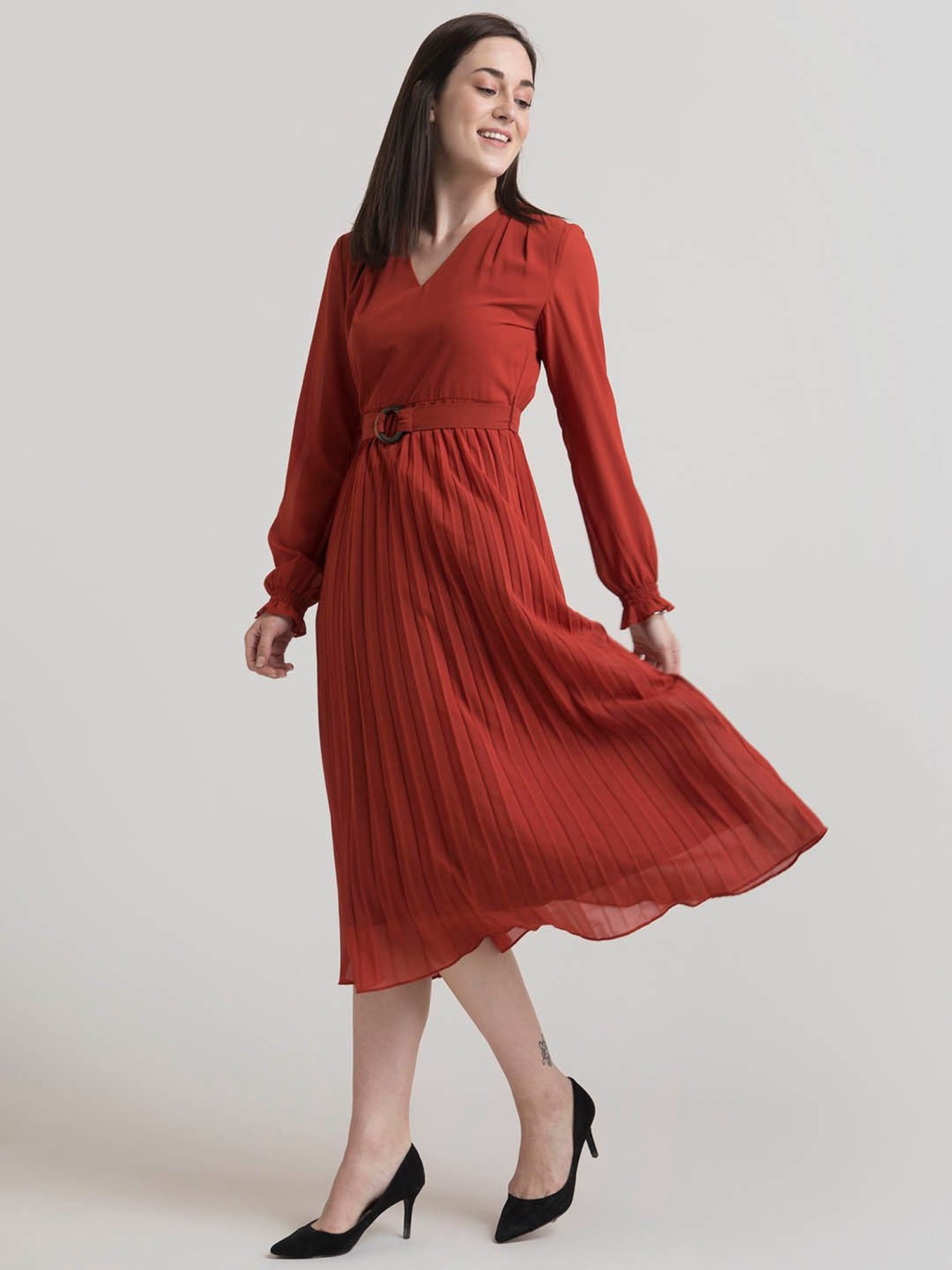 FableStreet Rust Regular Fit Flared Dress