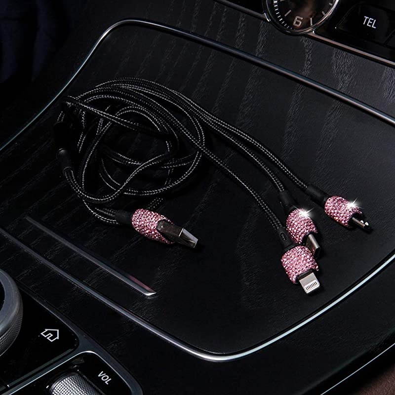 USB Car Charger 5V21A Pink Crystal Decoration Dual Port Fast Adapter with 39ft Nylon Type CMicro USB 3in1 Multi Charging Cable for iPhone iPad Android Car Interior Accessories for Women