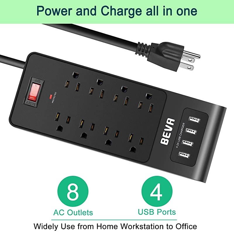 Protector Power Strip with USB Ports, 4 USB 8 Outlets Mountable Power Strip with 6 FT Long Extension Cord, 1875W/ 15A, 300 Joules, for Smartphone Tablets Home,Office & Hotel- Black