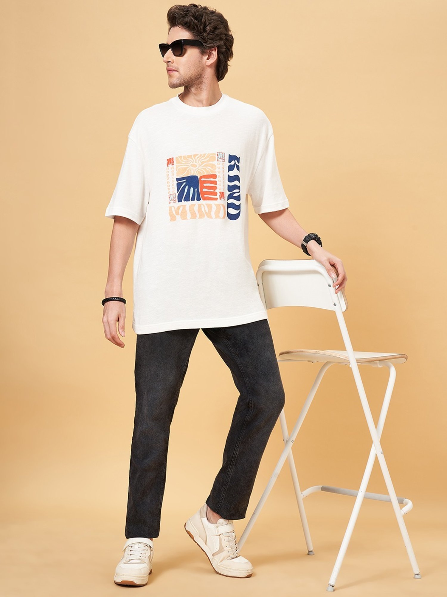 People by Pantaloons Snow White Cotton Loose Fit Printed T-Shirt