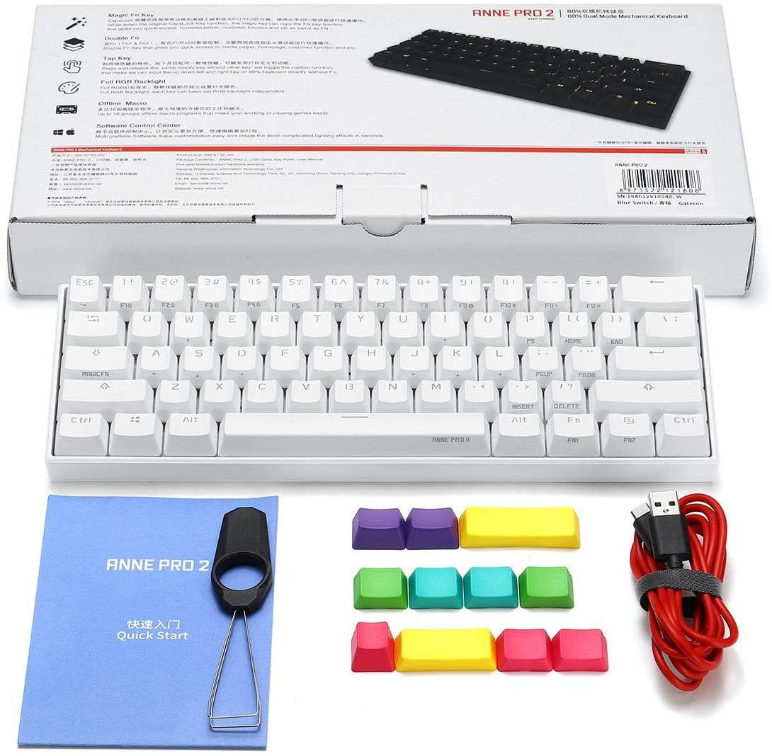 CUUWE ANNE PRO 2, 60% Wired/Wireless Mechanical Keyboard  - Full Keys Programmable - True RGB Backlit - Tap Arrow Keys - Double Shot PBT Keycaps - NKRO - 1900mAh Battery