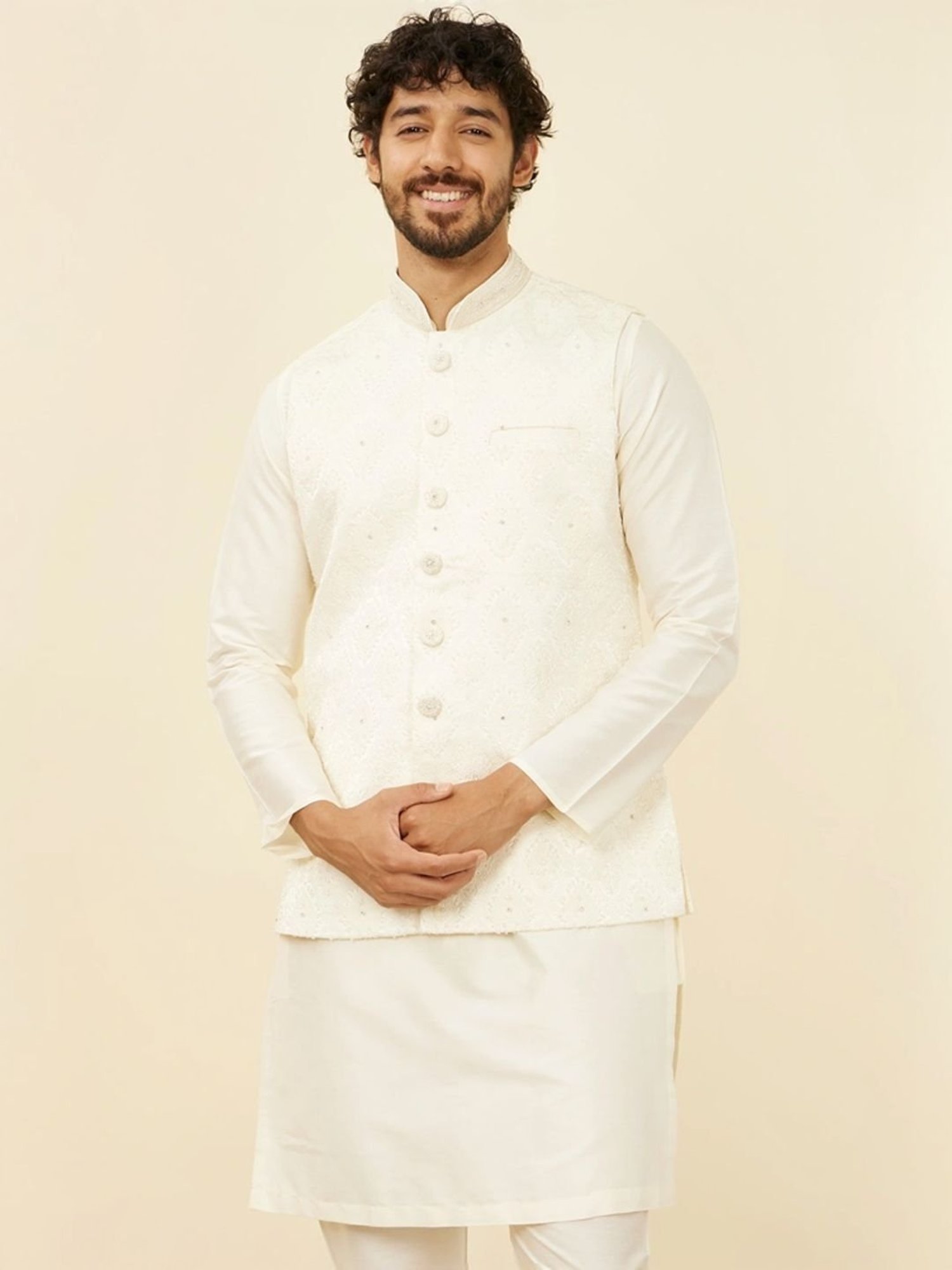 Manyavar Warm White Embroidered Nehru Jacket