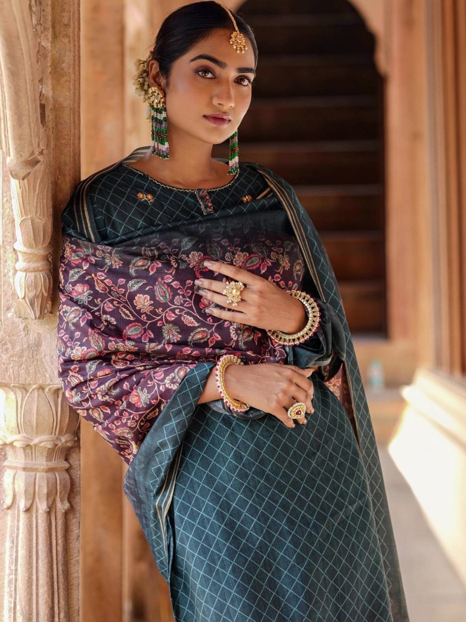 Scakhi Deep Teal Modal Chanderi Printed Suit Set Kurta With Pant And Dupatta