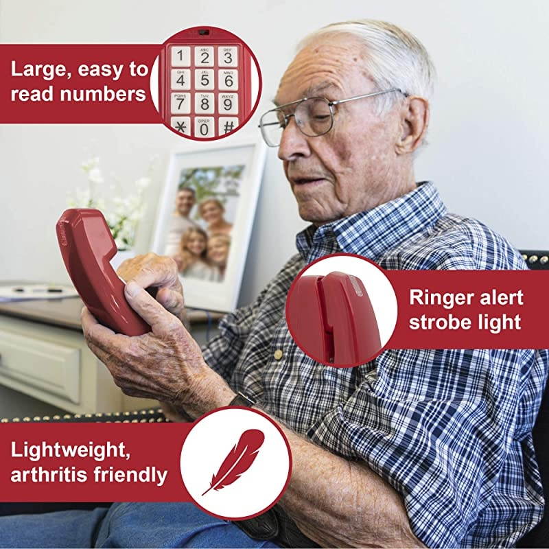 Corded Phone - Phones for Seniors - Phone for Hearing impaired - Crimson Red - Retro Novelty Telephone - an Improved Version of The Princess Phones in 1965 - Style Big Button -