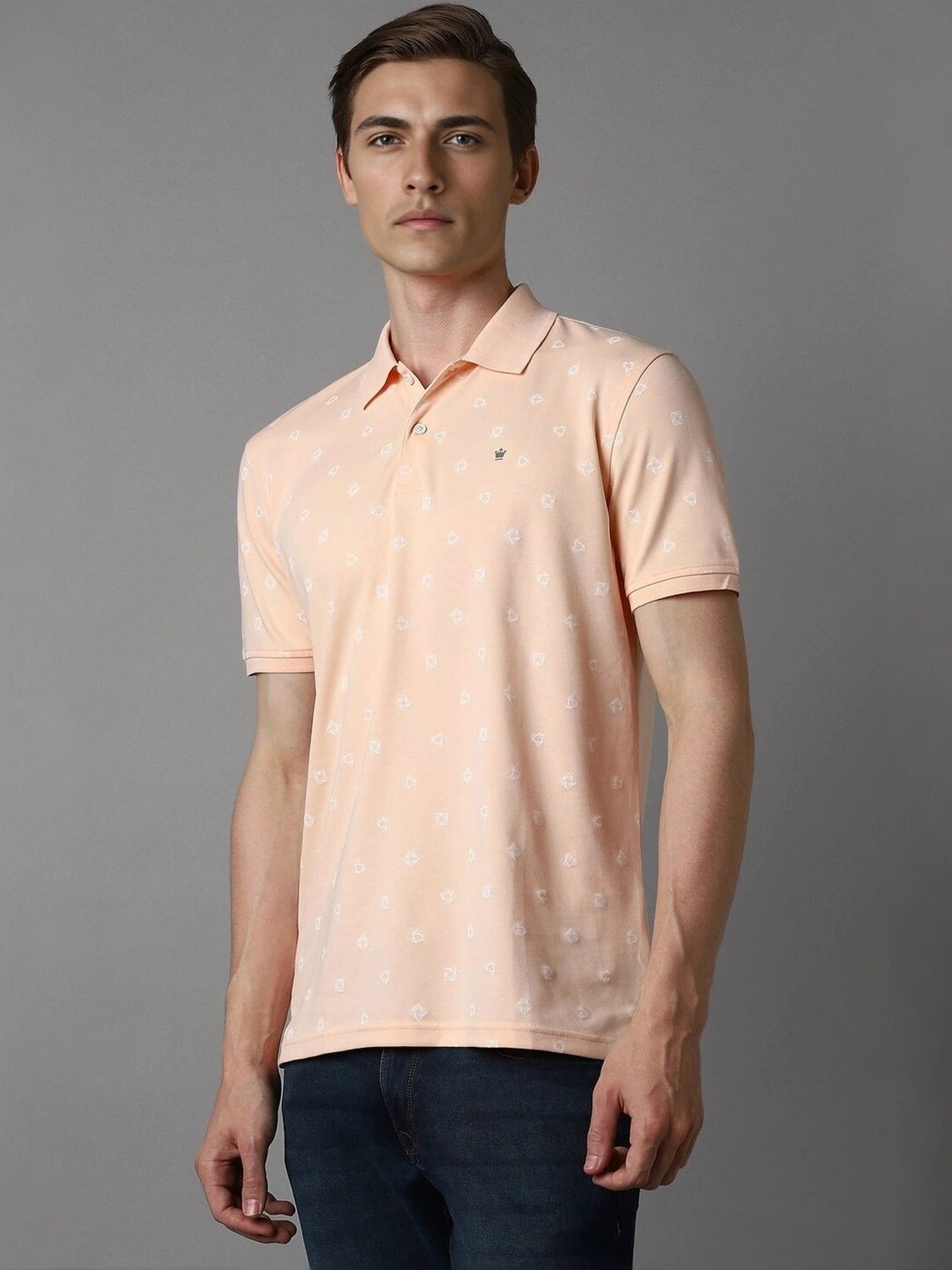 Louis Philippe Peach Cotton Slim Fit Printed Polo T-Shirt
