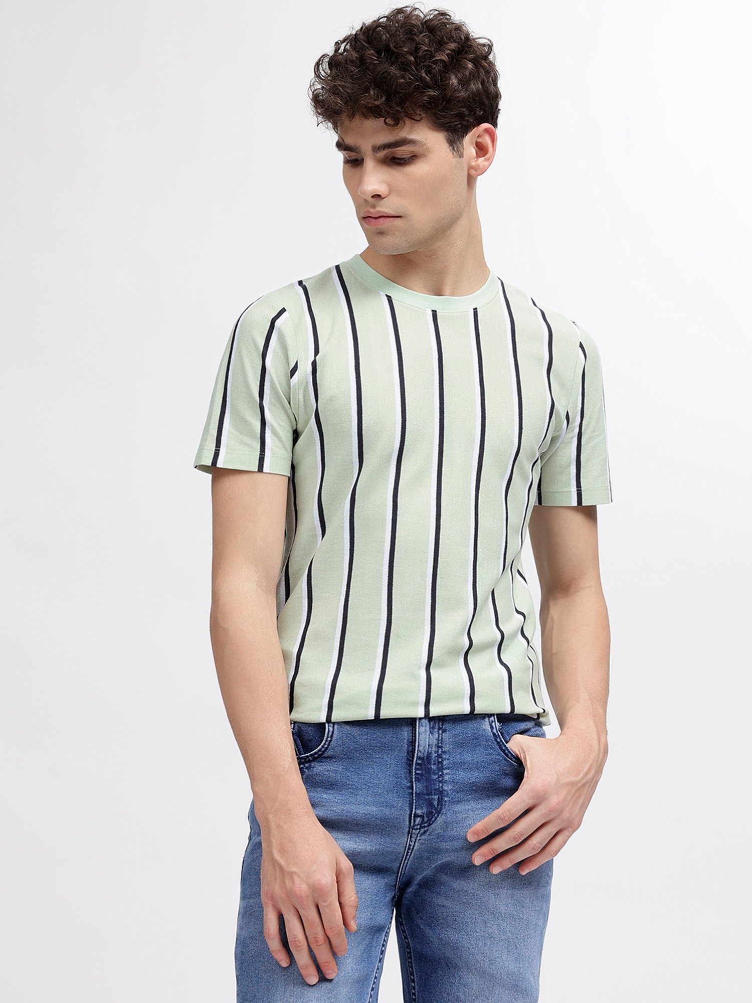 Lindbergh Light Green Regular Fit Striped Cotton Crew T-Shirt
