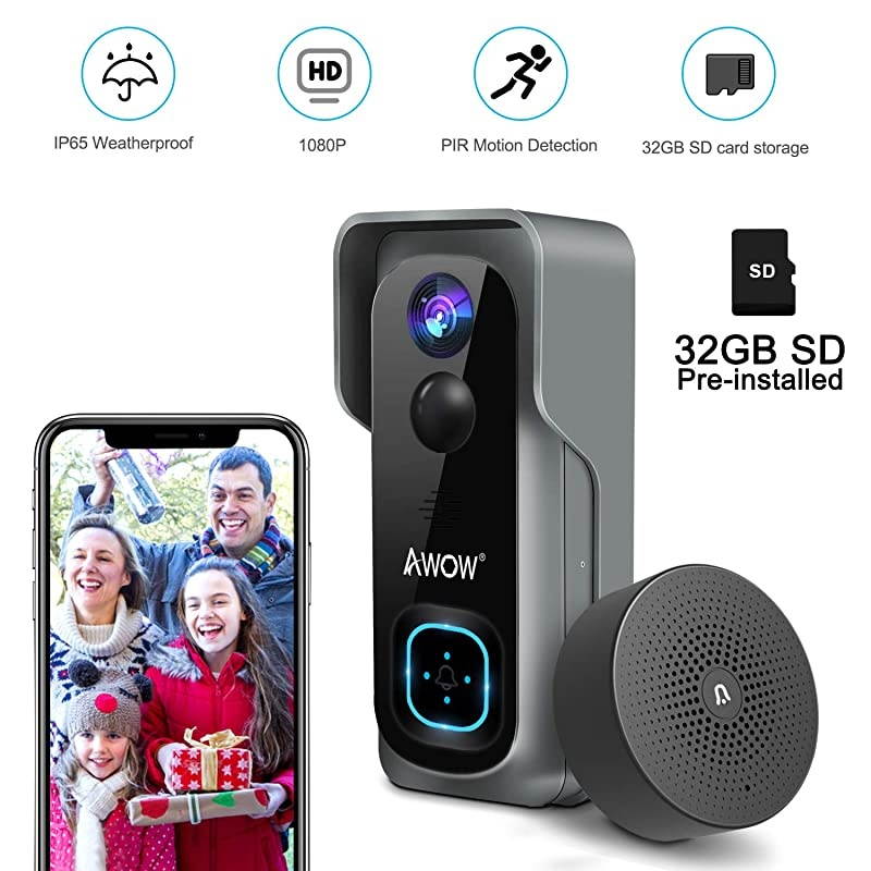 Doorbell Camera Video Doorbell Waterproof1080P HD32GB Micro SD CardNight VisionTwoWay Audio160&deg;Wide AngelPIR Motion Detection for iOS amp Android  J1