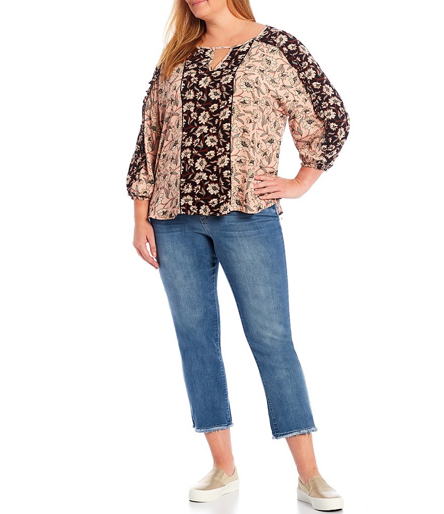 Democracy Plus Size Border Floral Print Woven Keyhole Round Neck Ruffle Edge Shoulder Detail 3/4 Sleeve Top
