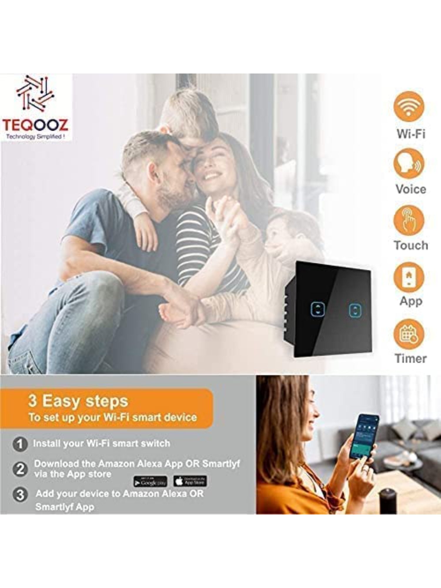 Teqooz 2-Way 2-Touch Smart Wi-Fi plus Bluetooth Switch (White)