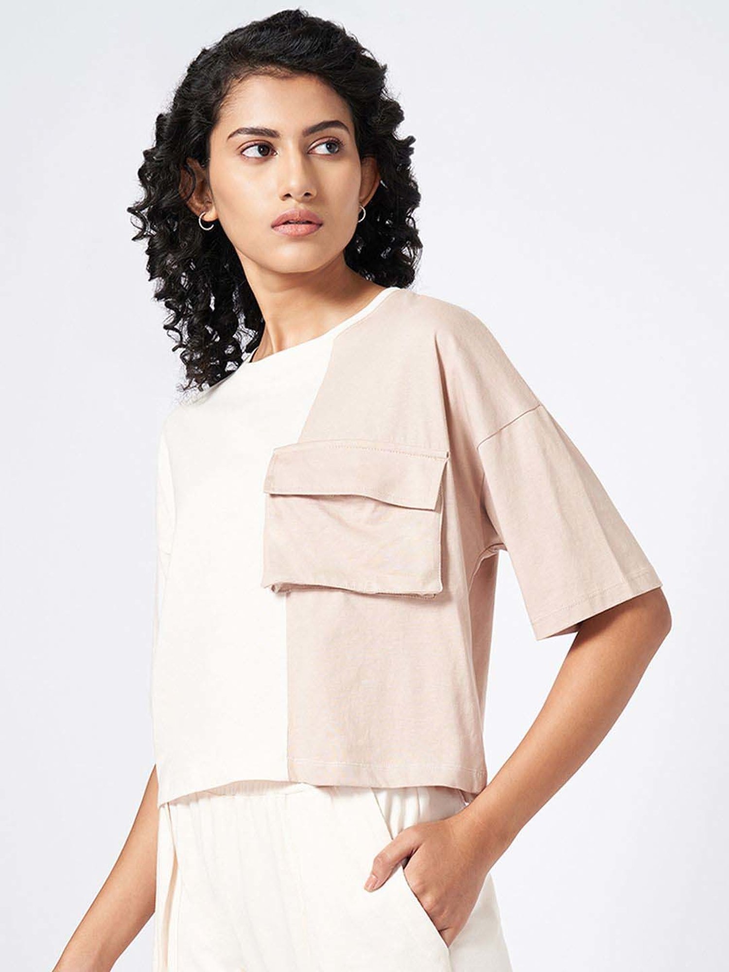 Ajile by Pantaloons White & Pink Cotton Color-Block T-Shirt