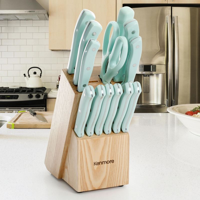Kenmore Kane 14 Piece Stainless Steel Cutlery Set in Glacier Blue with Rubber Wood Block