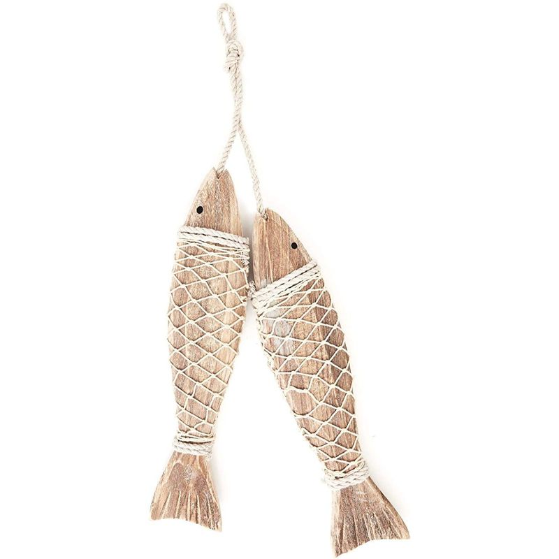 Juvale 2 Rustic Wooden Fish Ornament Wall Decor with Rope for Hanging (12.5 x 3 In)