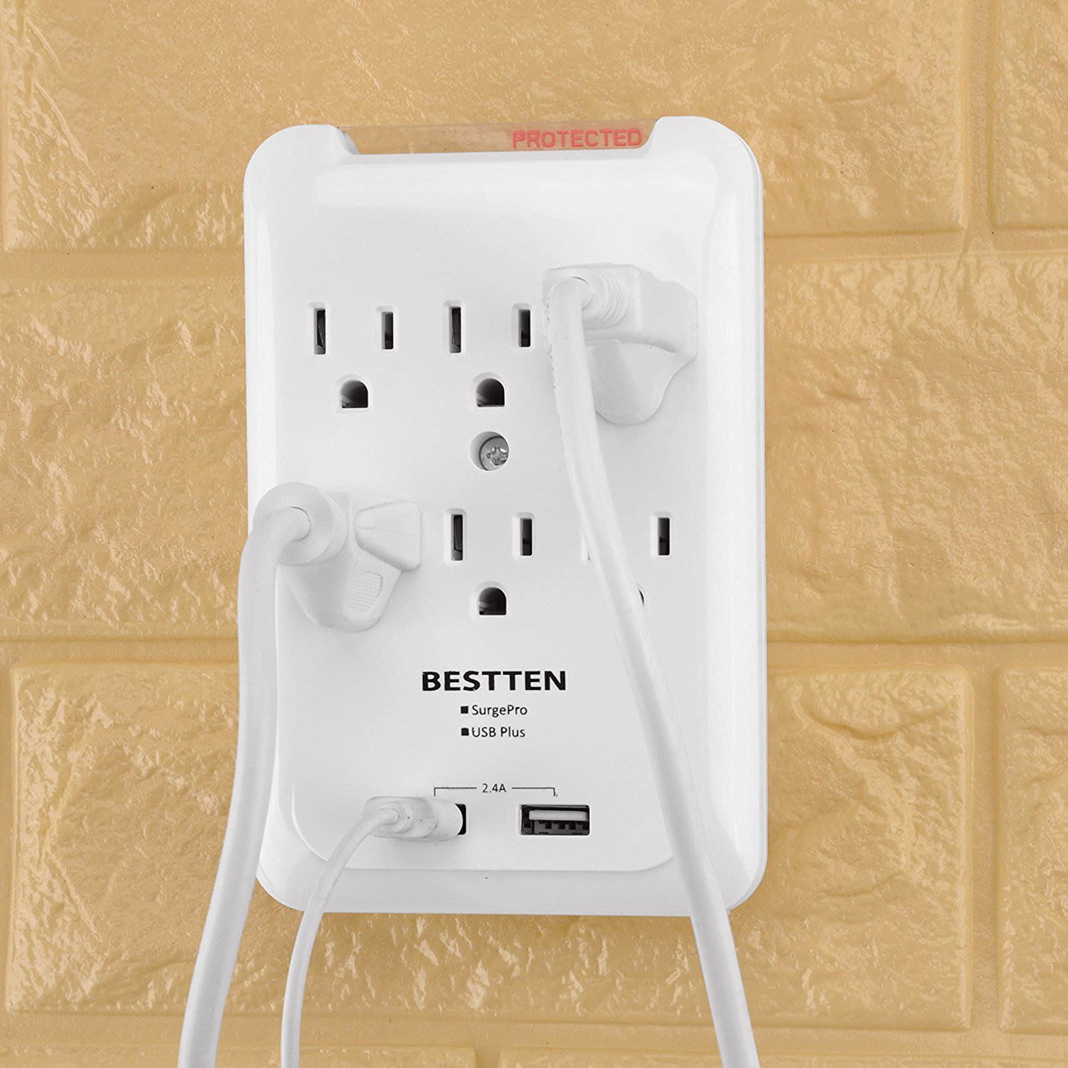 BESTTEN 6 Outlet Wall Tap Adapter, Mountable Surge Protector with Dual USB Charging Ports (2.4A Totally) and 6 AC Plugs, ETL Certified, White