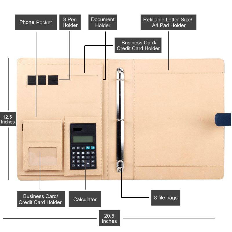 Plinrise High Grade Multifunction Letter Size Padfolio/Resume Portfolio Folder-Document Organizer/Business Card Holder with Calculator and 8 File Pockets (White Marble)