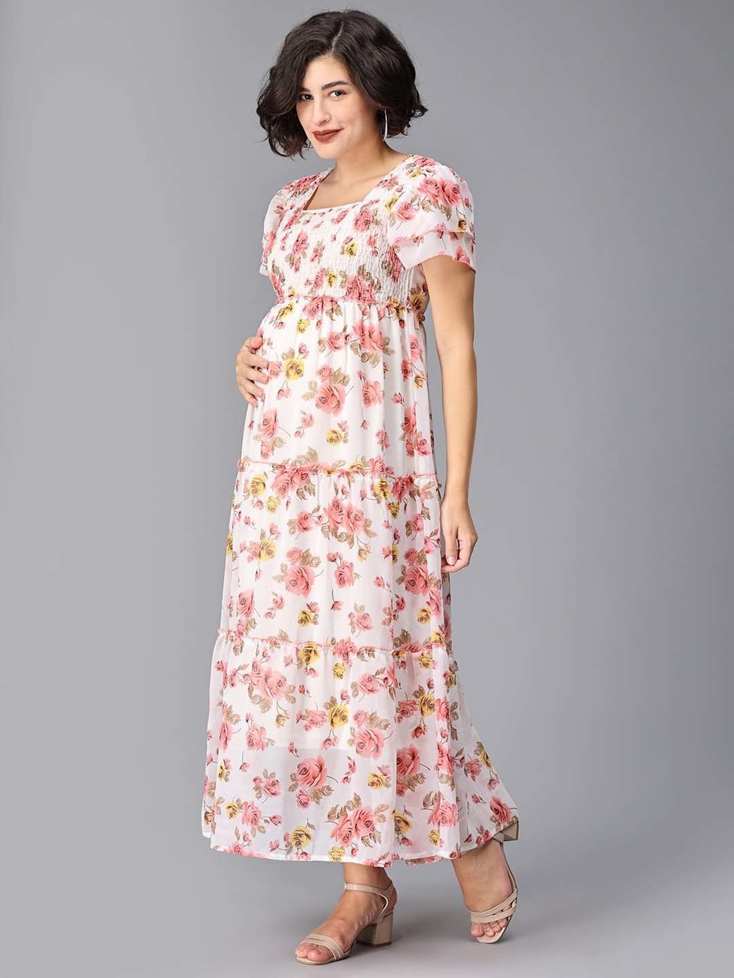 The Mom Store White Floral Print Tiered Maternity Dress