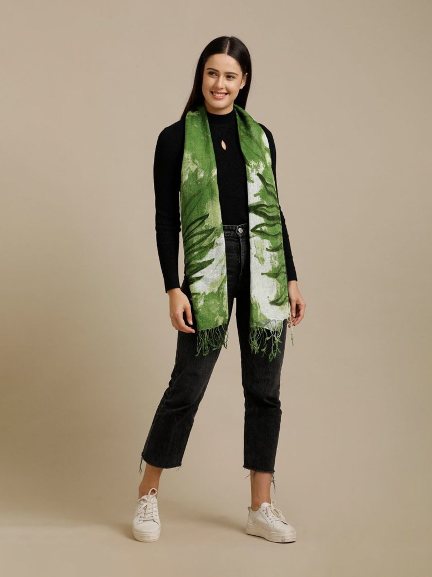 Linen Club Green Printed Pure Linen Stole