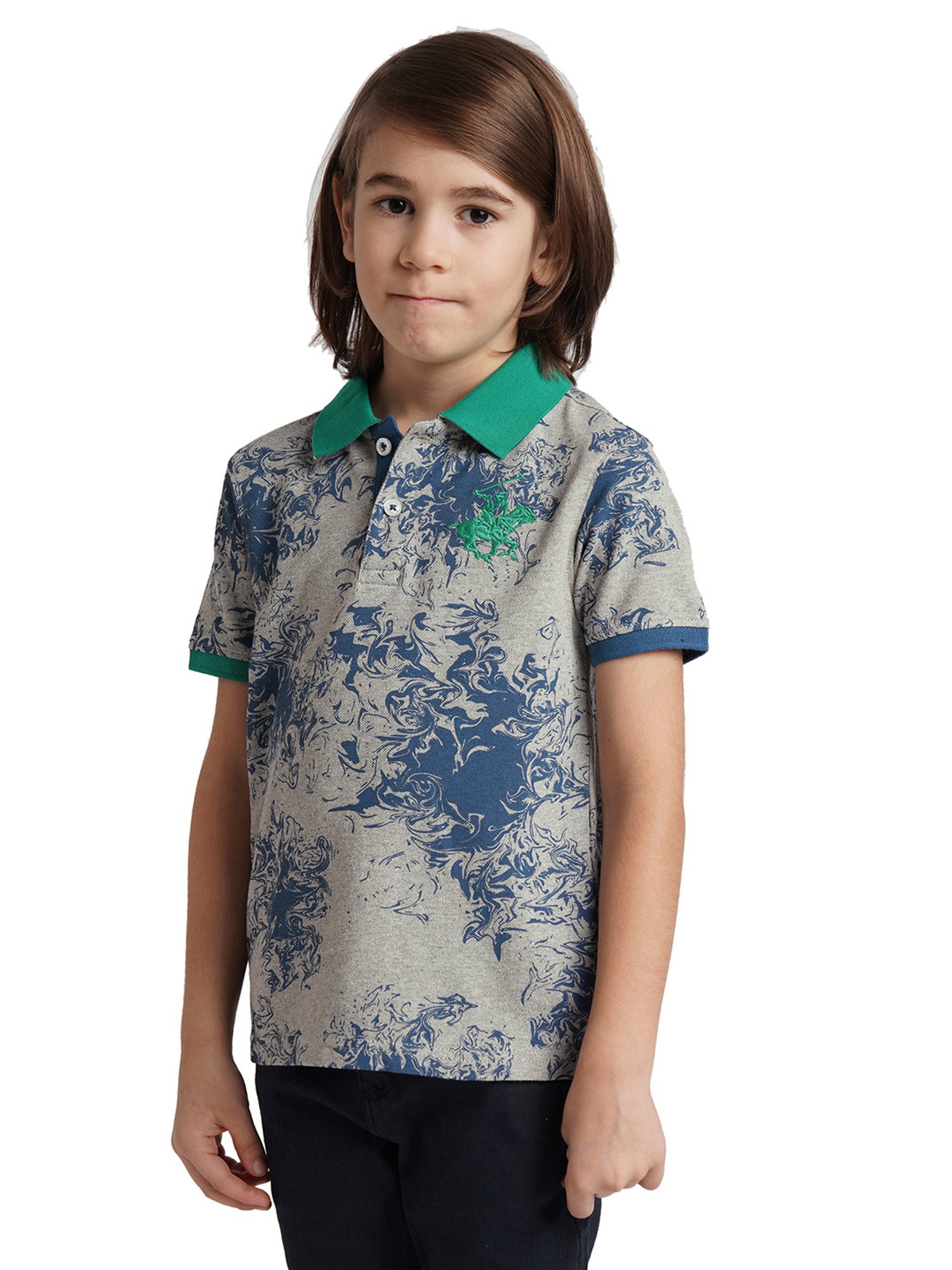 Beverly Hills Polo Club Kids Grey & Navy Printed Polo T-Shirt