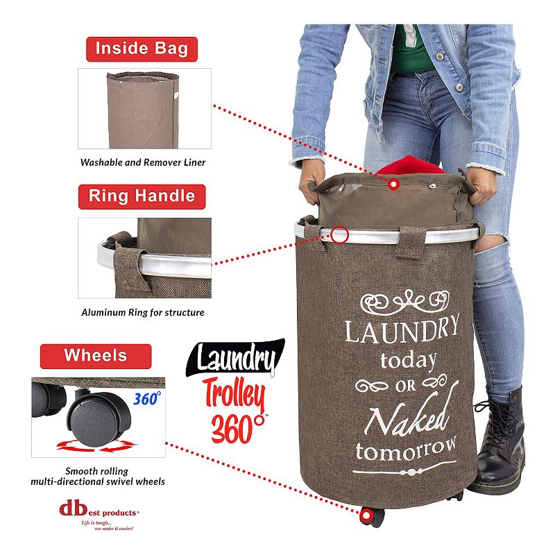 dbest products Swivel Clothes Hamper Laundry Organizer Trolley Dolly Utility Cart with Removable Washable Liner, Brown