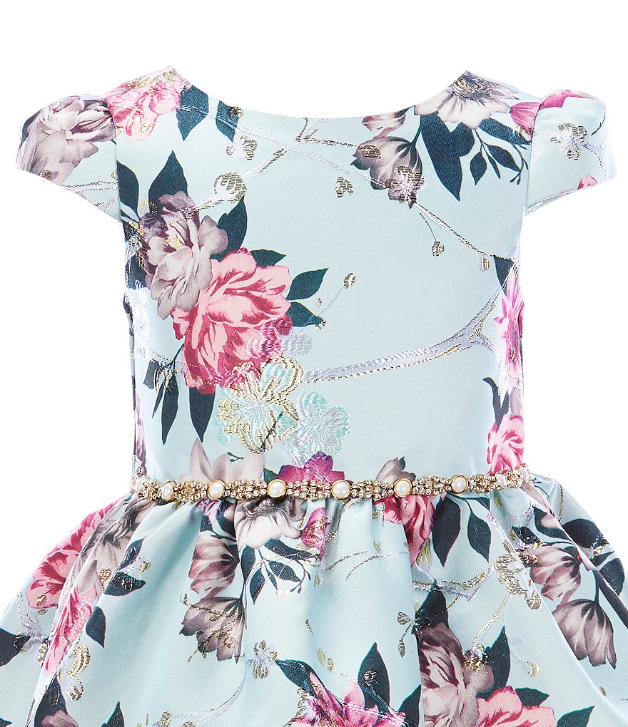 Rare Editions Little Girls 2T-6X Bow-Waist Satin/Jacquard-Stripe Hi-Low Ballgown