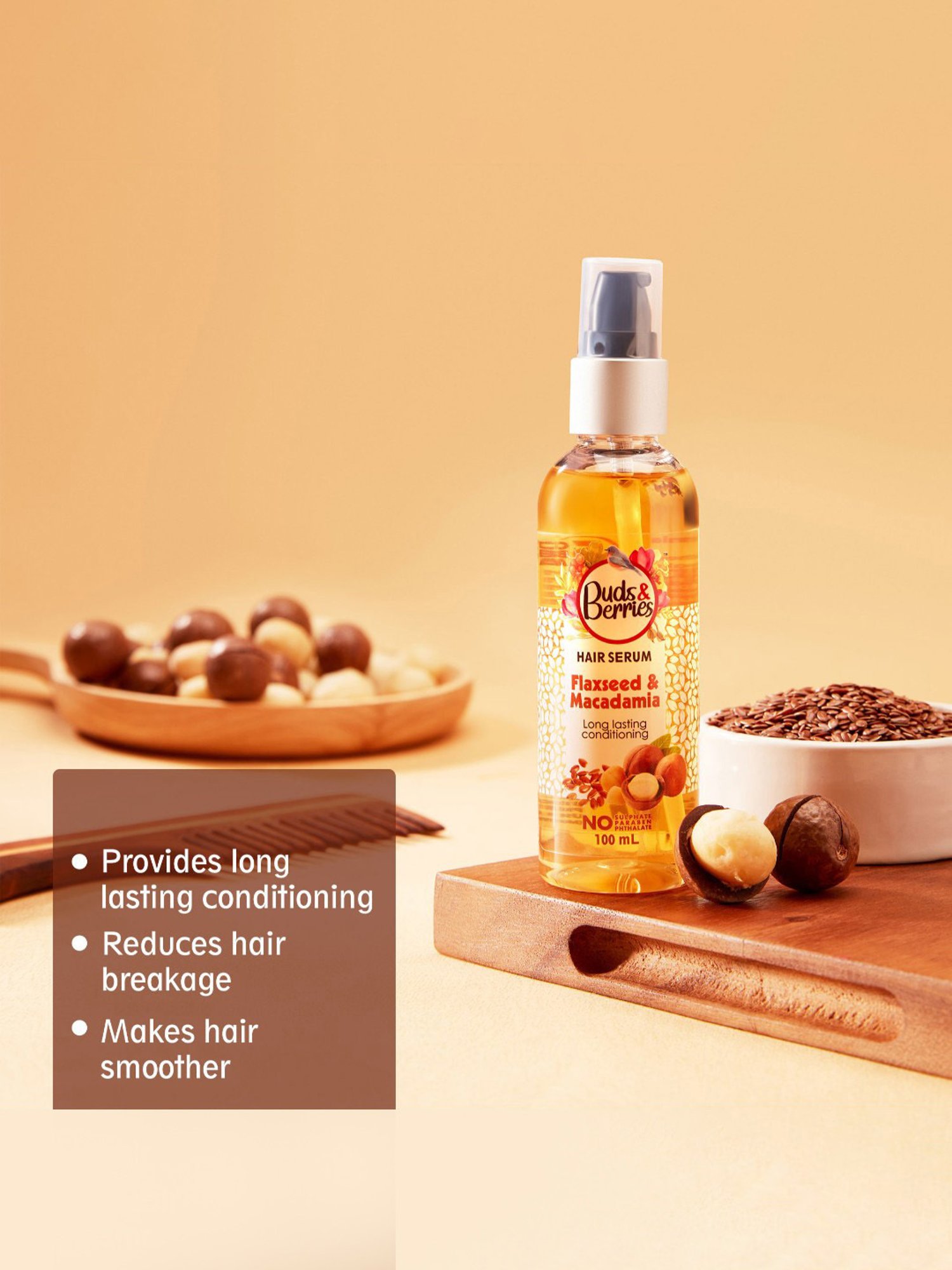 Buds & Berries Flaxseed & Macadamia Long Lasting Conditioning Hair Serum - 100 ml