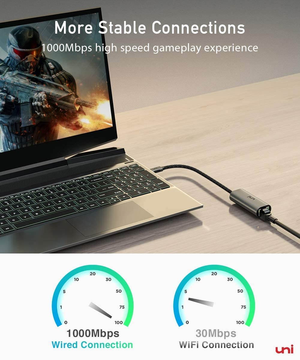 USB C to Ethernet Adapter uni RJ45 to USB C Thunderbolt 3/Type-C Gigabit Ethernet LAN Network Adapter Compatible for MacBook Pro 2020/2019/2018/2017 MacBook Air Dell XPS and More - Gray