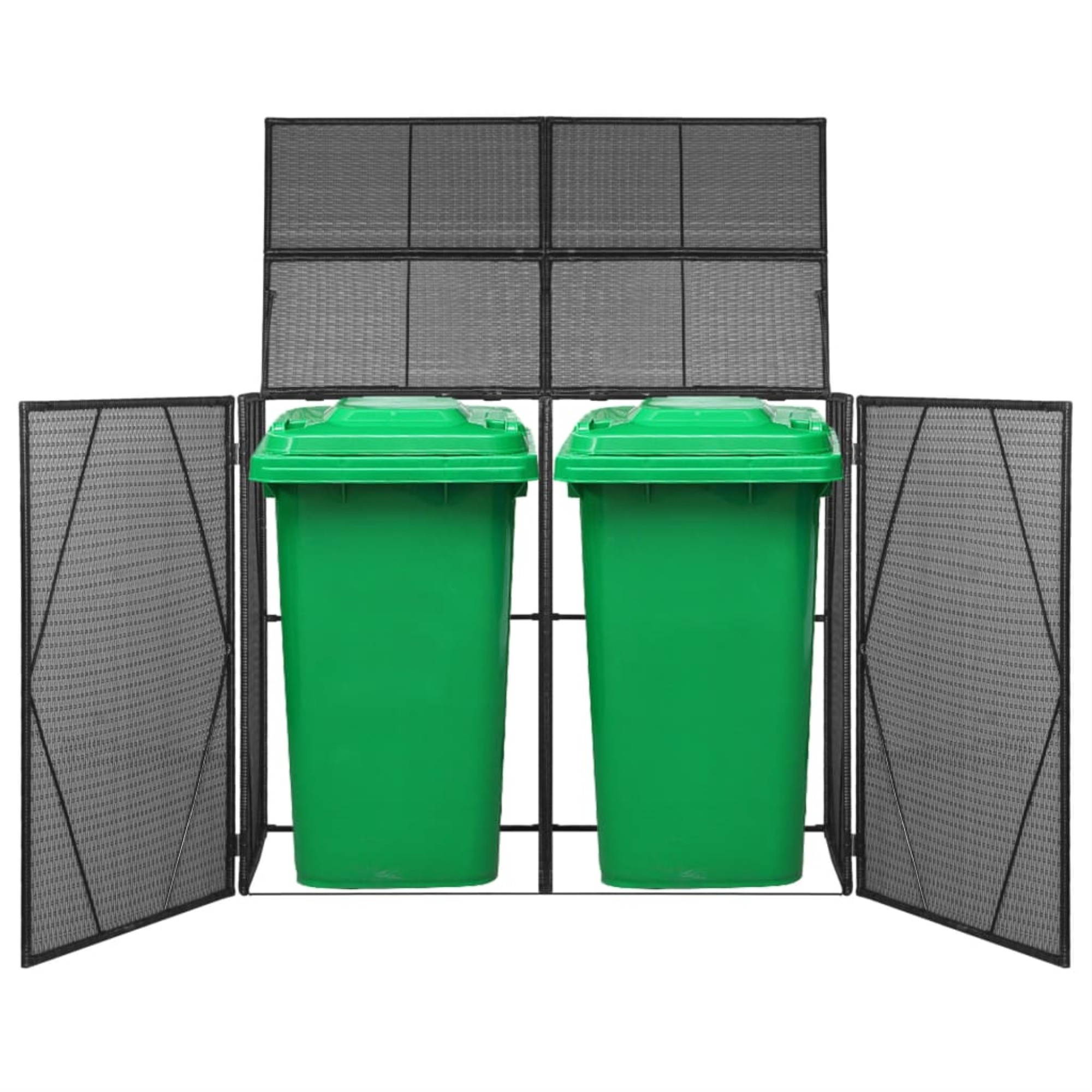 vidaXL Double Wheelie Bin Shed Black Poly Rattan Outdoor Garbage Trash Box