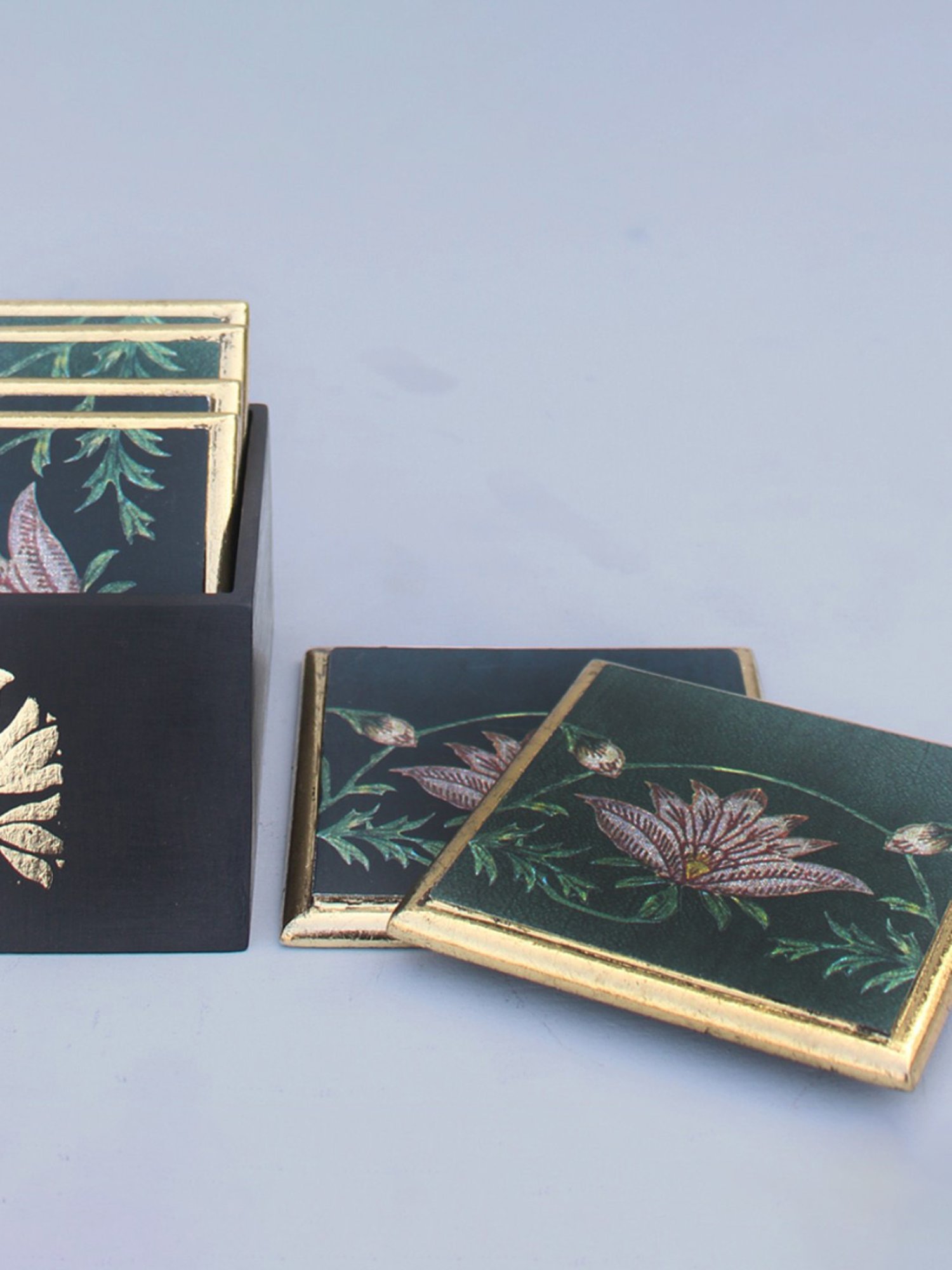 Karo Aafiya Printed Dark Green Wood Coasters - Set of 6