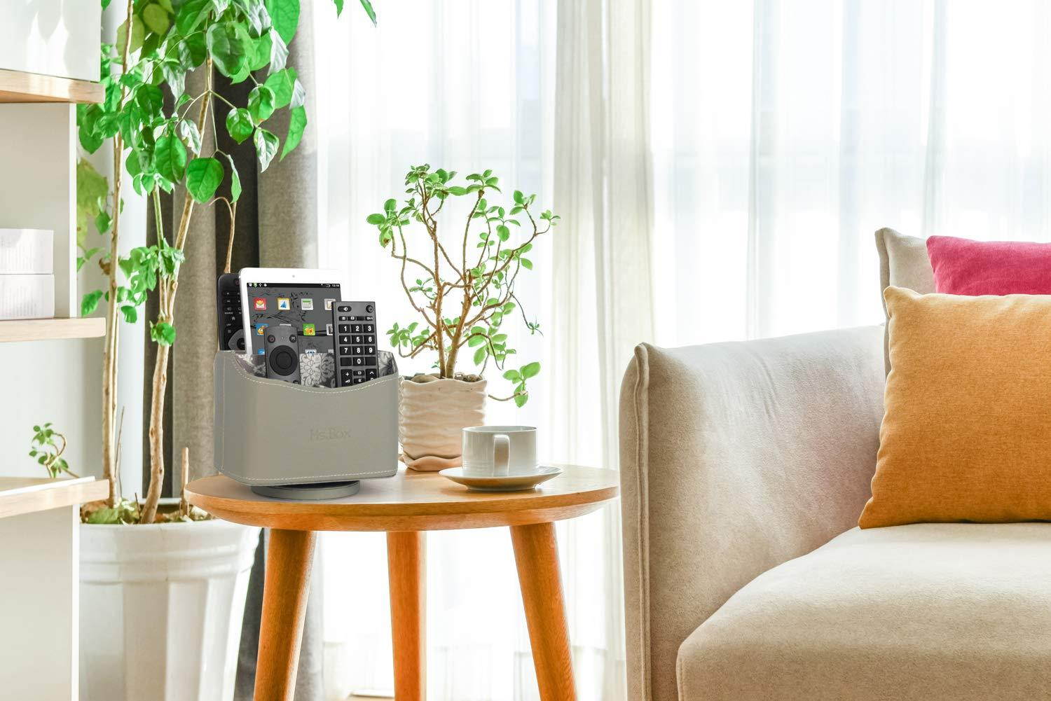 Ms.Box Media Storage PU Leather Spinning Remote Control Holder Organizer, Remote Caddy, Remote Controller Holder Soft Fabric Lining, Grey, 7.3X 5.5 x 6 inches