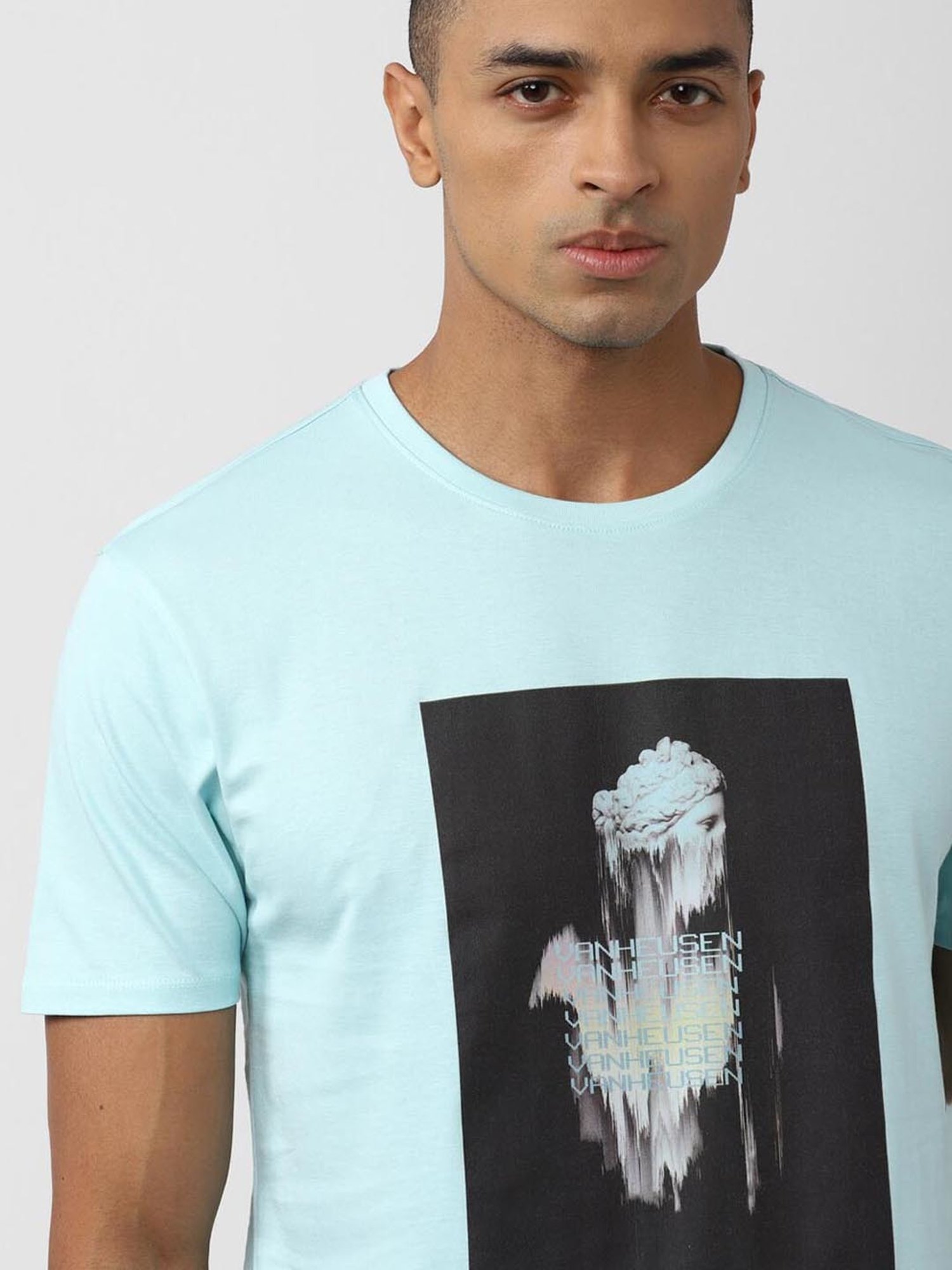 V Dot Blue Cotton Slim Fit Printed T-Shirt