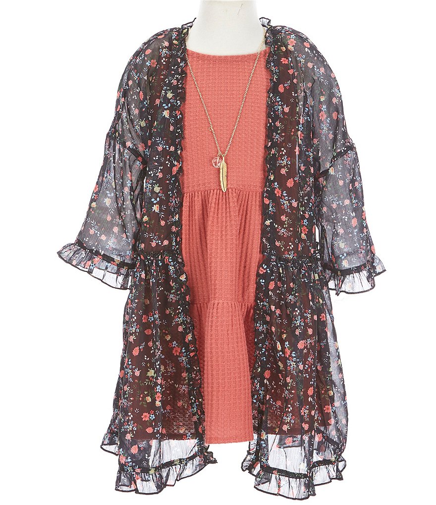 Rare Editions Big Girls 7-16 Sleeveless Tiered Dress With Printed Kimono