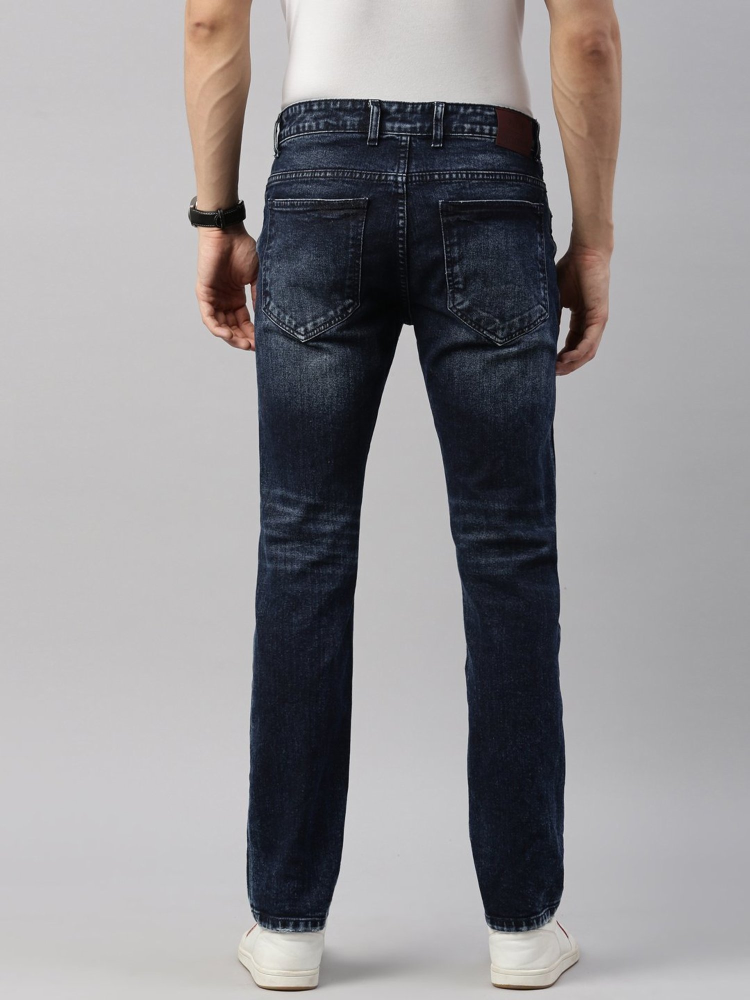 CINOCCI Dark Blue Cotton Slim Fit Distressed Jeans