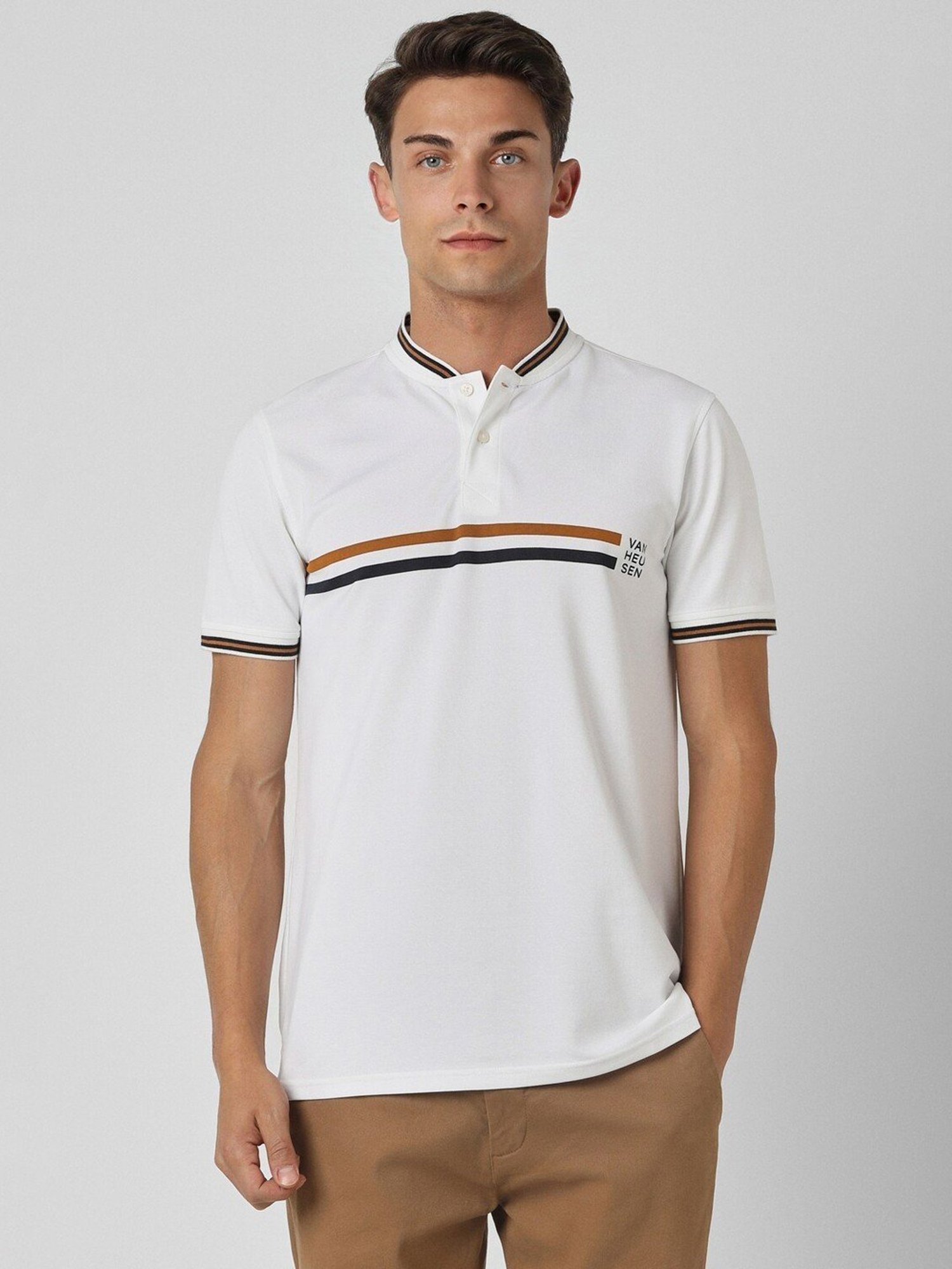 Van Heusen White Regular Fit Printed Henley T-Shirt