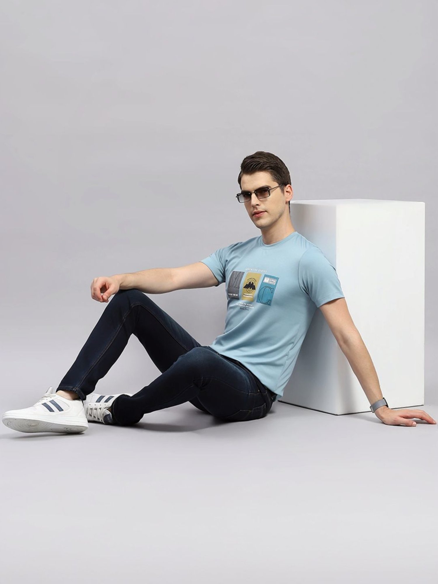 Monte Carlo Sky Blue Regular Fit Printed T-Shirt