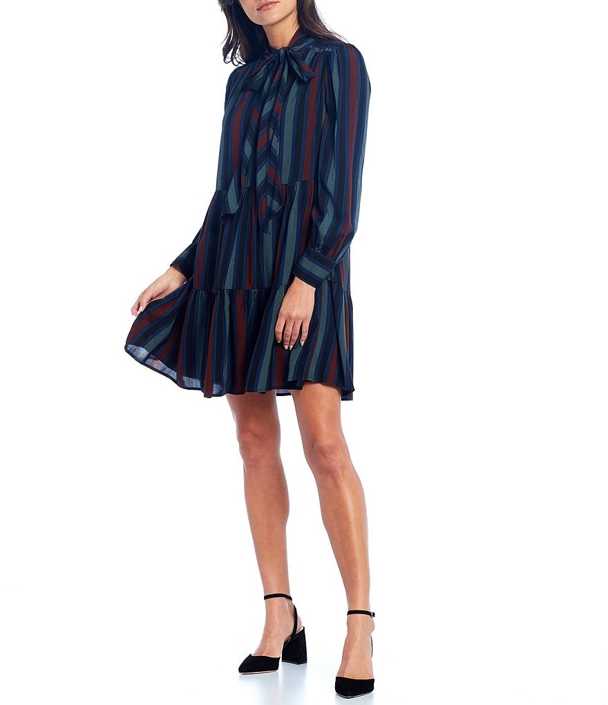 Maggy London Tie Neck Long Cuff Sleeve Striped Tiered Trapeze Dress