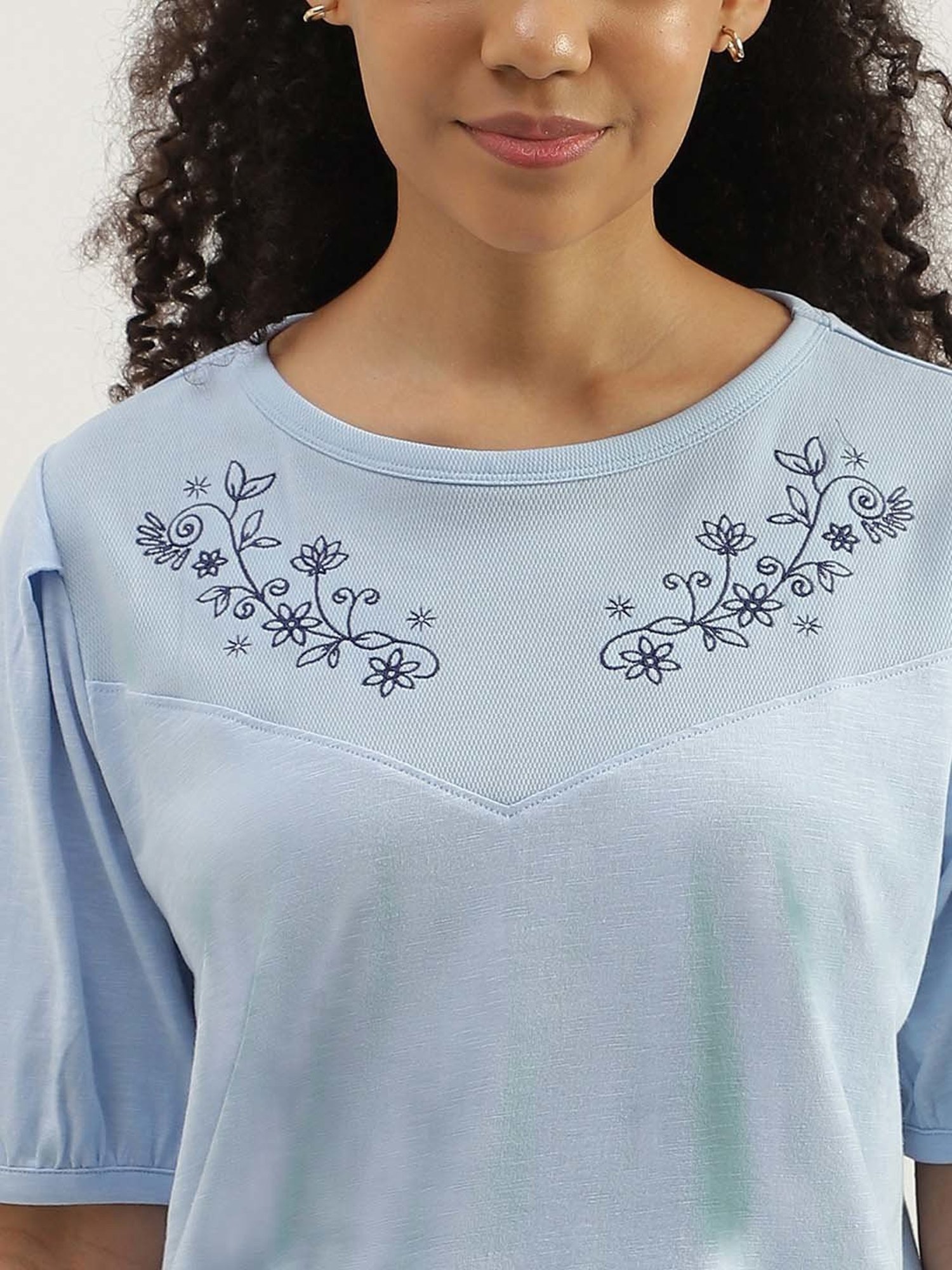United Colors of Benetton Blue Cotton Embroidered Top
