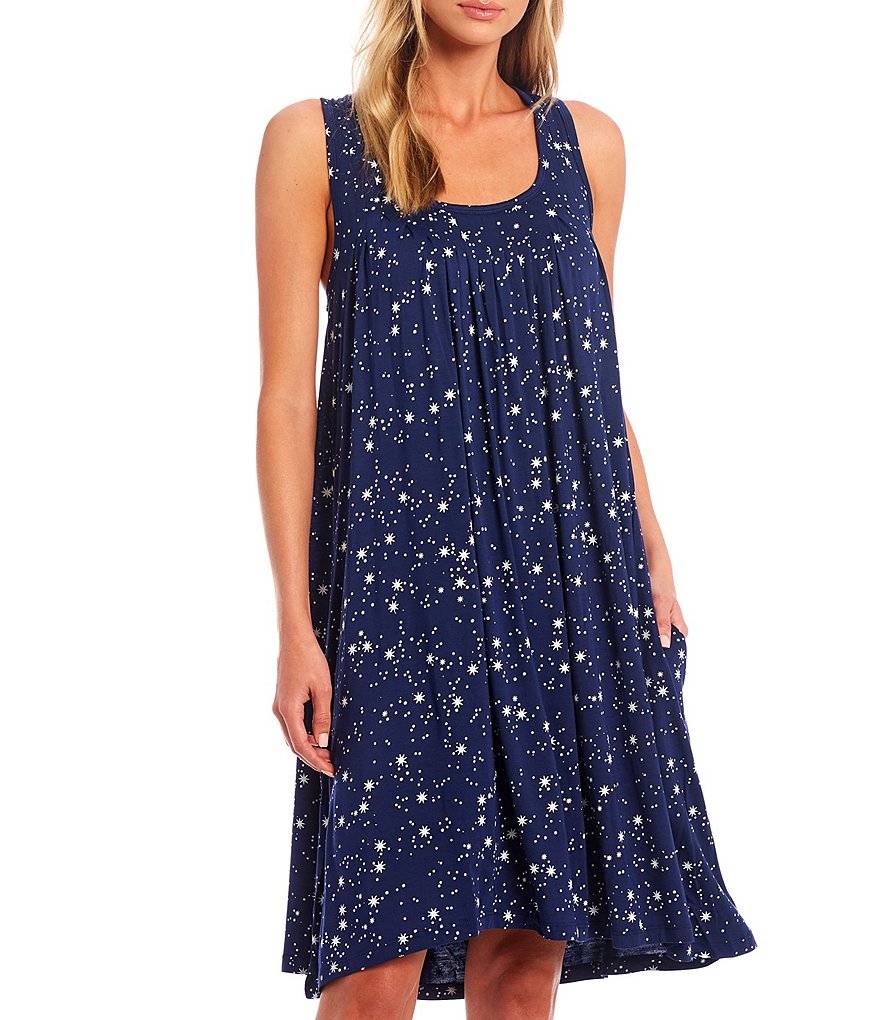 Papinelle Kate Star Print Modal Pleat Front Scoop Neck Sleeveless Nightgown