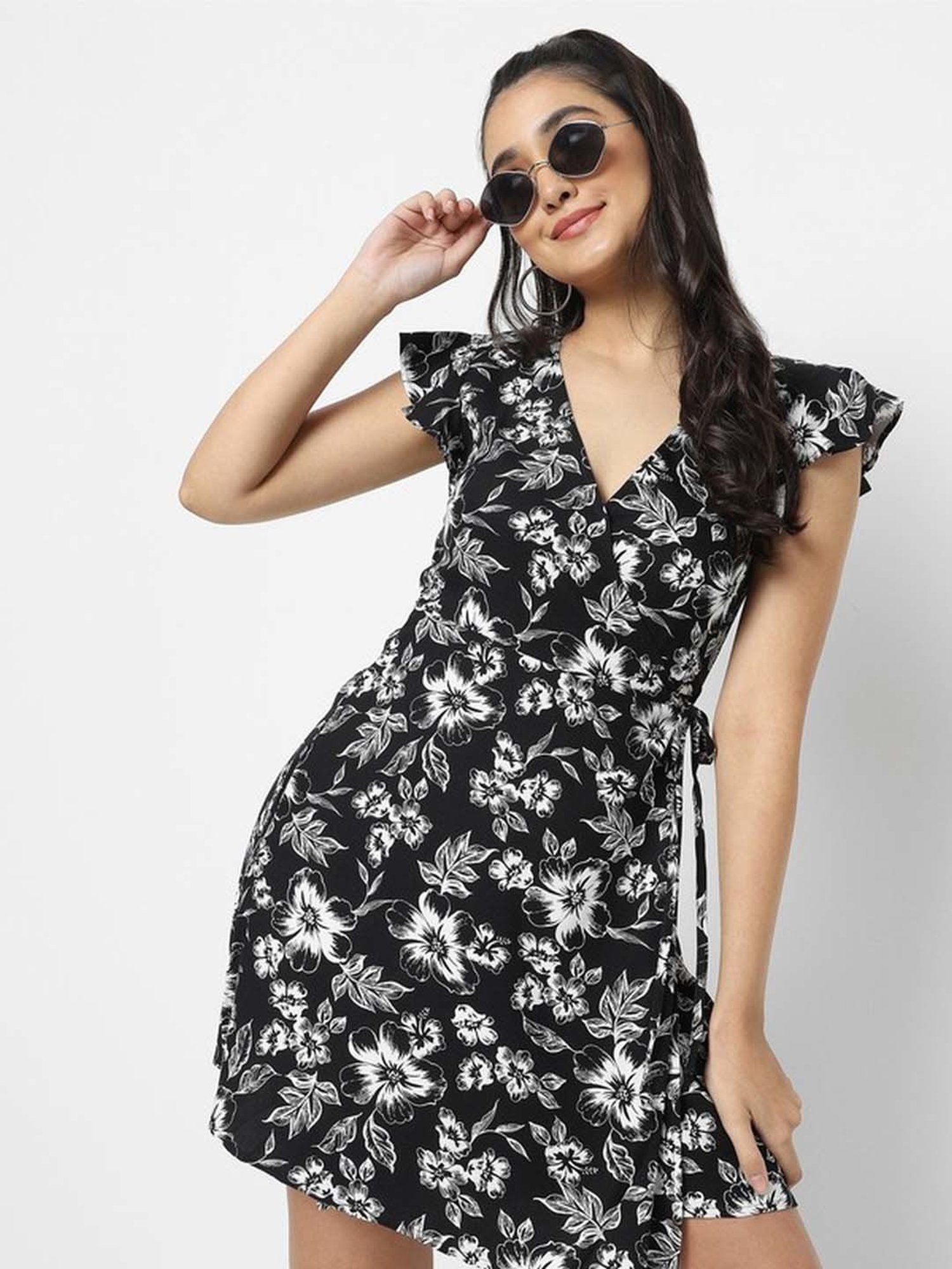 VASTRADO Black Floral Print A-Line Wrap Dress