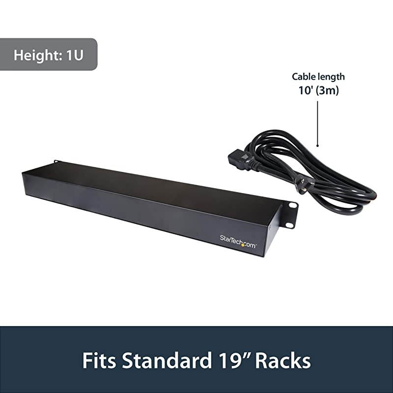 com 8 C13 Outlet Horizontal 1U Rack Mount PDU Power Strip for Server Racks Surge Protection 16A 10ft NEMA 520P Power Cord PDU08C13H