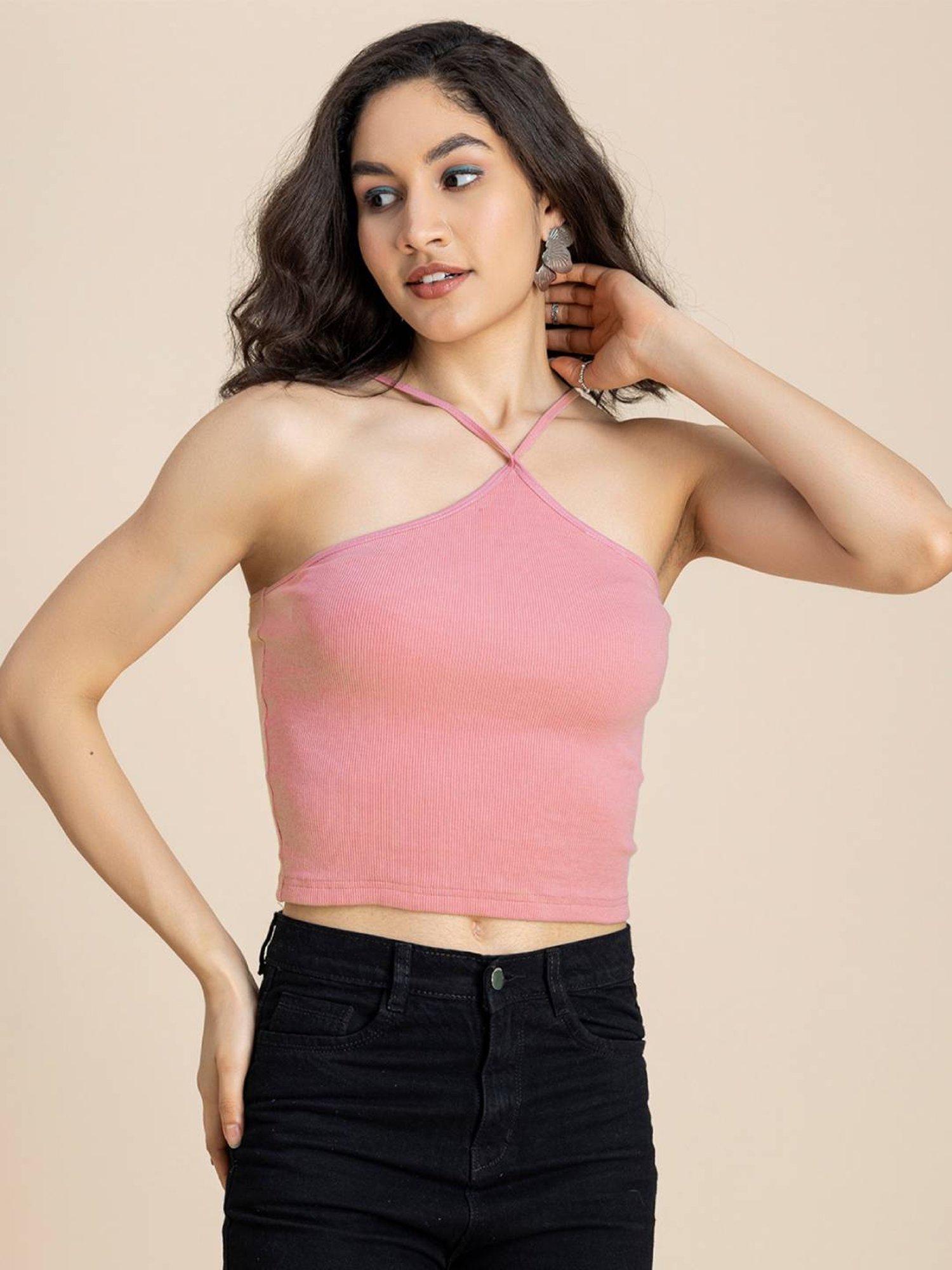 Moomaya Pink Slim Fit Crop Top