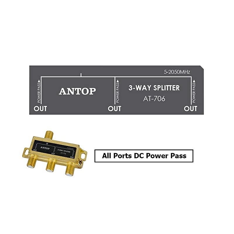 Low-Loss 3 Way Coaxial Splitter for TV Antenna and Satellite 18K Gold-Plated Chassis 2GHz - 5-2050MHz All Port DC Power Passing