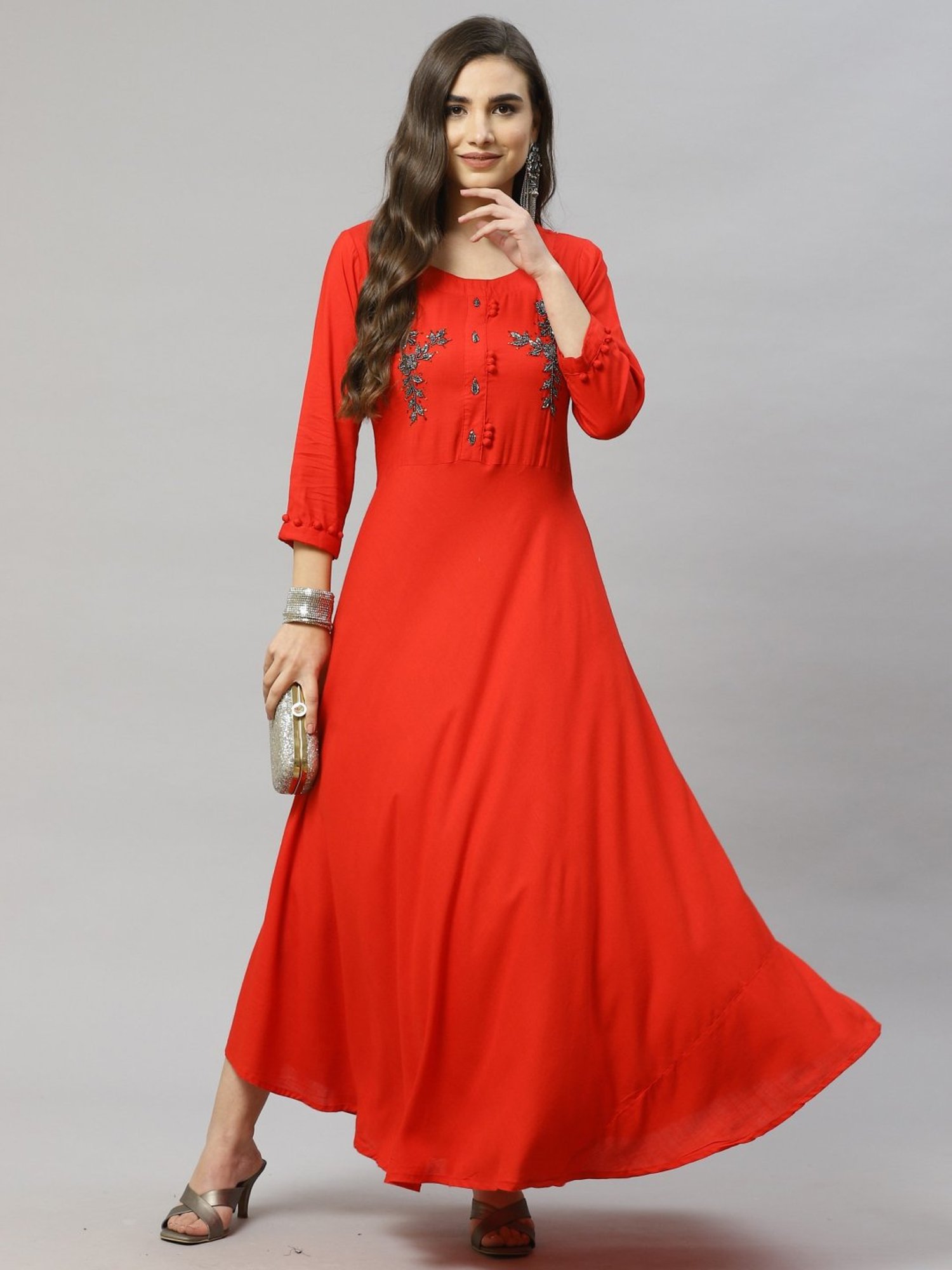 HIGHLIGHT FASHION EXPORT Red Embellished Maxi Dress