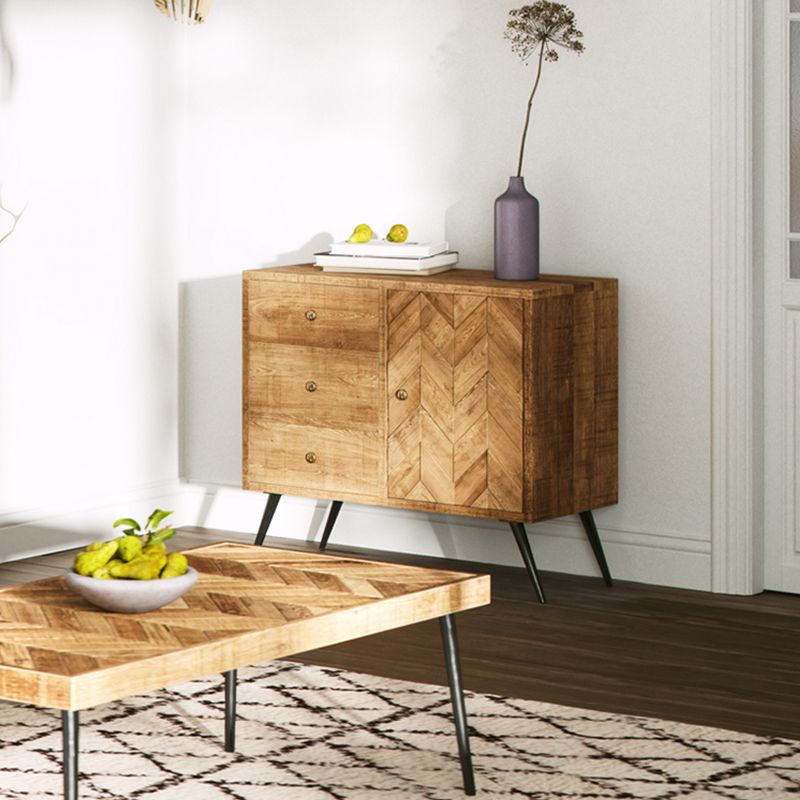 Mindful Living Rustic Farmhouse Mid Century Modern Fusion 3 Drawer Mango Wood Top & Iron Hairpin Legs Chevron Pattern China Cabinet Buffet Sideboard